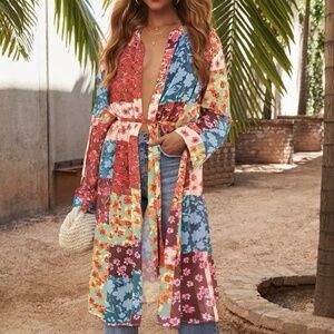Boho Retro Vintage Floral Sheer Chiffon Kimono Gypsy Robe Duster beach coverup